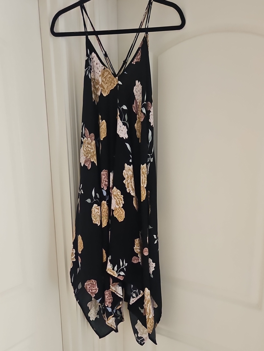 lovestitch Black Floral Asymmetrical Slip Dress with Gold & Pink Blooms